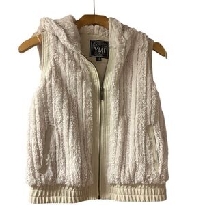 YMI Faux Fur Hooded Zippered Jacket Vest in a cream color